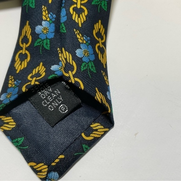Vintage Silk Tie Hawaiian Flower Print Navy Blue Yellow Harvey Ashton - Picture 6 of 9